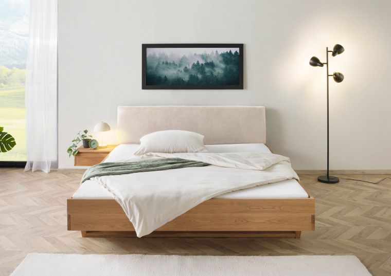Bett mit Nachttisch links Eiche 160x200x85 natur geölt, Kopfteil beige FICHTELBERG #150