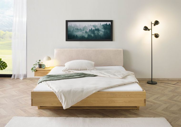 Bett mit Nachttisch links Fichte 160x200x85 natur gebeizt / geölt, Kopfteil beige FICHTELBERG #154