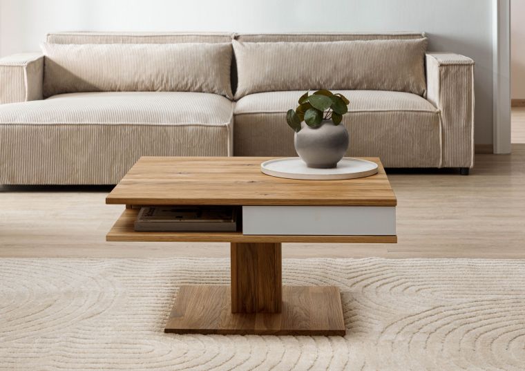 Couchtisch Wildeiche 85x85x45 natur geölt / Glas weiß WIEN #100