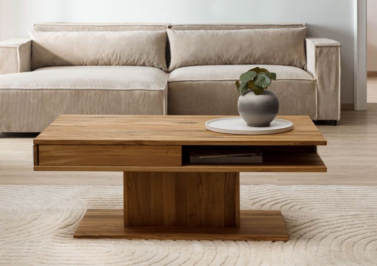 Couchtisch Wildeiche 120x70x45 natur geölt / Glas weiß WIEN #101