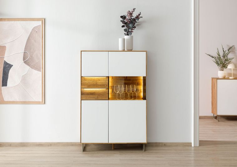 Highboard Wildeiche 94x43x144 natur geölt / Glas weiß WIEN #125