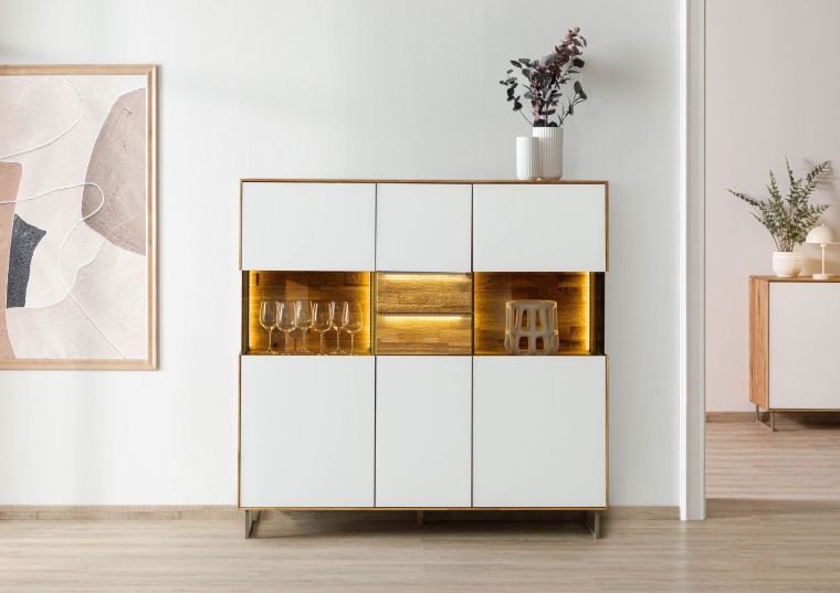 Highboard Wildeiche 148x43x144 natur geölt / Glas weiß WIEN #126