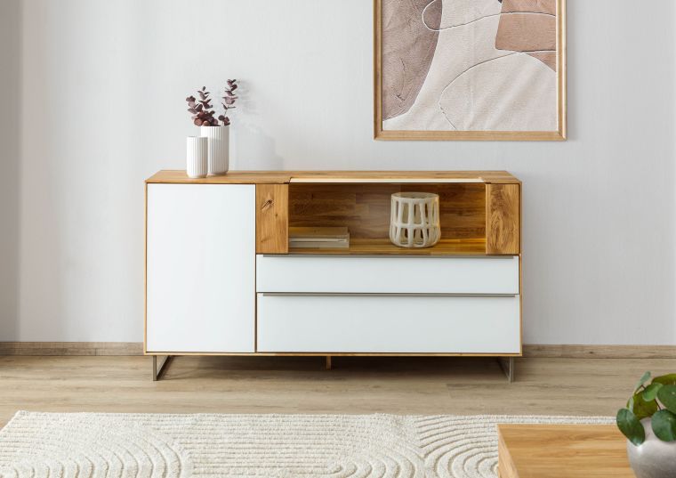 Sideboard Wildeiche 160x43x87 natur geölt / Glas weiß WIEN #120