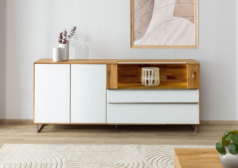 Sideboard Wildeiche 200x43x87 natur geölt / Glas weiß WIEN #121