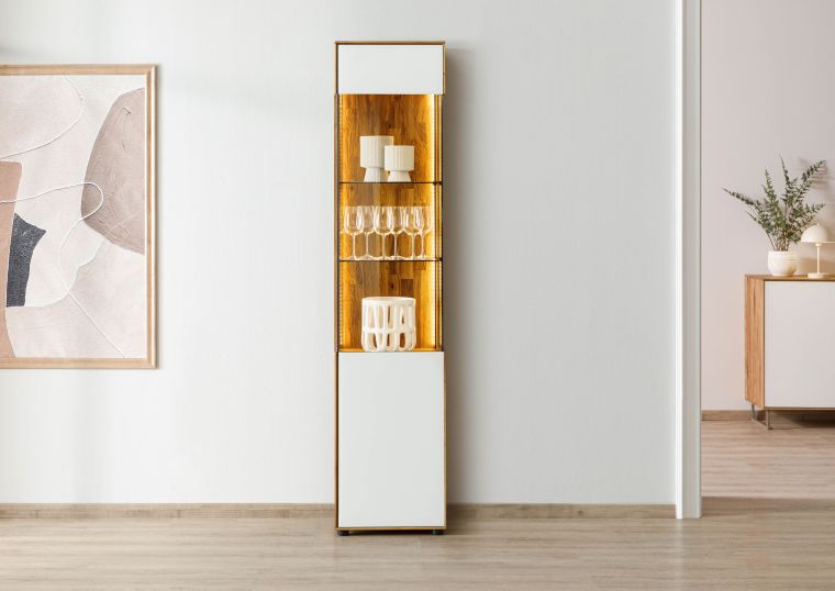 Vitrine Wildeiche 45x38x200 natur geölt / Glas weiß WIEN #131