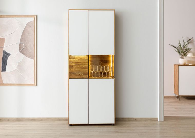 Schrank Wildeiche 80x43x200 natur geölt / Glas weiß WIEN #140