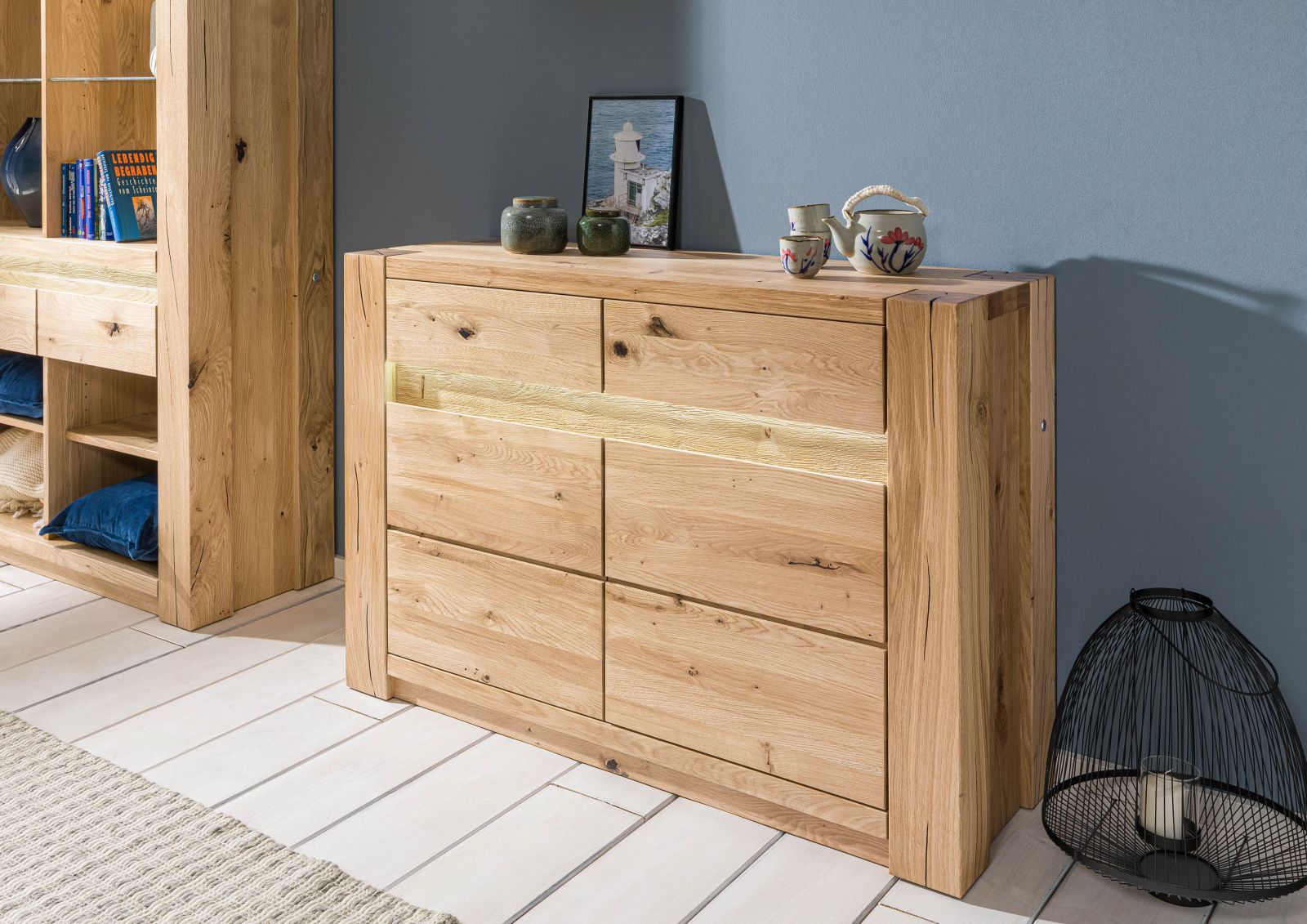 Massivmoebel24 Sideboard Wildeiche 123x40x85 bianco geölt KENT #230 beige