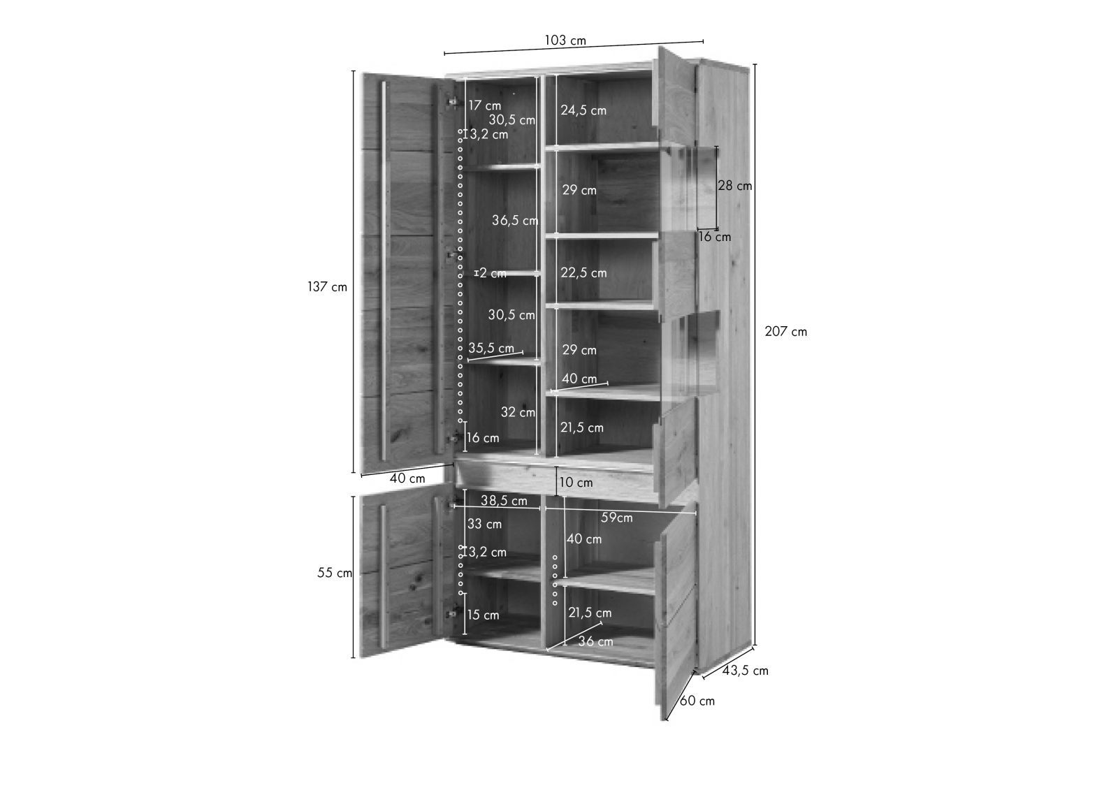 Beleuchtete Vitrine Eiche massiv | Massivmoebel24