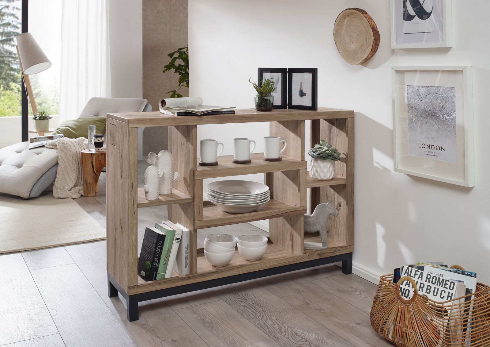Massivmoebel24 Raumteiler Wildeiche 120x34x90 bianco geölt VILLANDERS #237 beige B:120mm