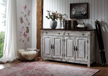 Sideboard Mango / Akazie 150x45x90 weiß gewachst CASTLE-ANTIK #261
