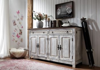 Sideboard Mango / Akazie 150x45x90 weiß gewachst CASTLE-ANTIK #261