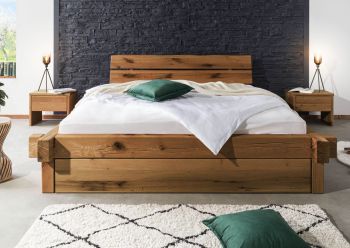 Balkenbett mit Schubkästen Zerreiche 200x200 tabacco geölt JANGALI #304