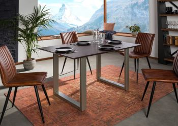 Esstisch Akazie 140x90 braun lackiert / U-Beine silber matt SWISS EDGE