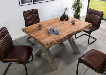 Baumtisch Sheesham 160x90x77 grau gebeizt / X-Beine silber matt FREEFORM 5
