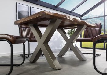 Baumtisch Sheesham 160x90x77 grau gebeizt / X-Beine silber matt FREEFORM 5
