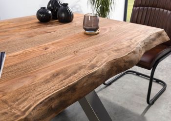 Baumtisch Sheesham 160x90x77 grau gebeizt / X-Beine silber matt FREEFORM 5