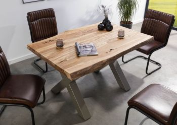 Baumtisch Sheesham 160x90x77 natur sandgestrahlt / X-Beine silber matt FREEFORM 5