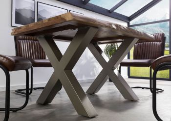 Baumtisch Sheesham 160x90x77 natur sandgestrahlt / X-Beine silber matt FREEFORM 5