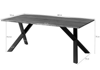 Baumtisch Akazie 180x90x75 grau lackiert / ausgestellte X-Beine anthrazit matt FREEFORM 3
