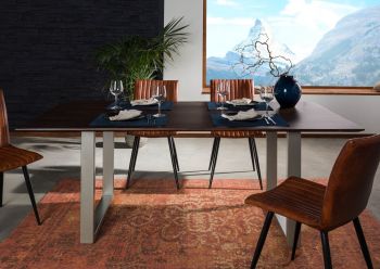 Esstisch Akazie 180x90 braun lackiert / U-Beine silber matt SWISS EDGE