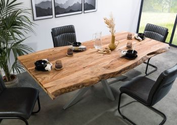 Baumtisch Sheesham 220x100x77 natur sandgestrahlt / Kreuzgestell silber matt FREEFORM 5