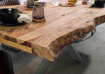 Baumtisch Sheesham 220x100x77 natur sandgestrahlt / Kreuzgestell silber matt FREEFORM 5