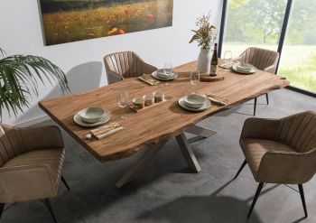 Baumtisch Sheesham 220x100x77 natur gebeizt / Kreuzgestell silber matt FREEFORM 5