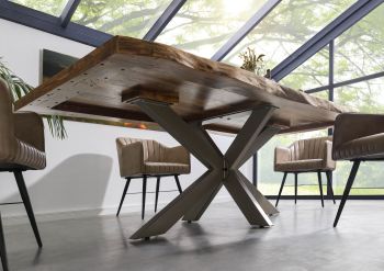 Baumtisch Sheesham 220x100x77 natur gebeizt / Kreuzgestell silber matt FREEFORM 5