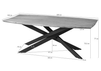 Esstisch Akazie 200x100x77 natur lackiert / Mikado-Beine eckig schwarz