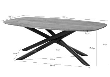 Esstisch Akazie 200x100x76 natur lackiert / Mikado-Beine rund schwarz