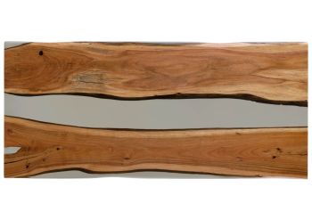 Esstisch Akazie mit Epoxidharz 220x100x76 natur lackiert / Epoxid grau Baumkanten-Optik EPOXY Unikat #7