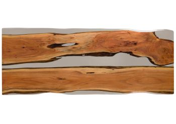 Esstisch Akazie mit Epoxidharz 260x100x76 natur lackiert / Epoxid grau Baumkanten-Optik EPOXY Unikat #7