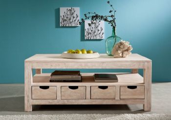Couchtisch Akazie 120x70x50 white stone getüncht  NATURE WHITE #33