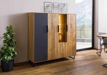 Highboard Wildeiche mit Glastür 142x43x145 natur geölt LINDAU #117