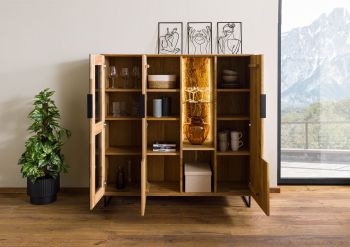 Highboard Wildeiche mit Glastür 142x43x145 natur geölt LINDAU #117