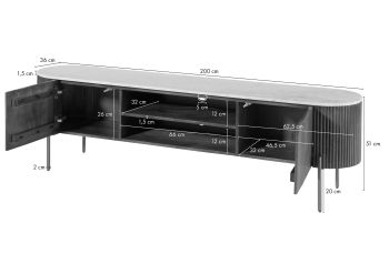 TV-Board Mango 200x36x51 schwarz lackiert / Marmor weiß BARCELONA #110