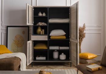 Highboard Akazie 111x45x175 grau-weiß geölt CHICAGO #09