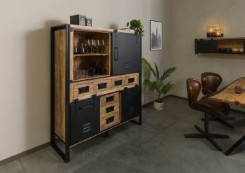 Highboard Mango 140x45x160 natur klar lackiert / Metall schwarz BLACKBURN #557
