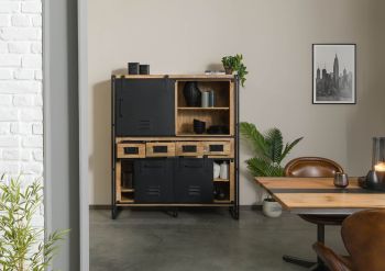 Highboard Mango 140x45x160 natur klar lackiert / Metall schwarz BLACKBURN #557