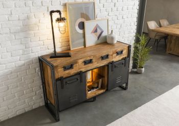 Sideboard Mango / Altholz 150x45x90 natur / grau lackiert / Metall grau BLACKBURN LUX #410