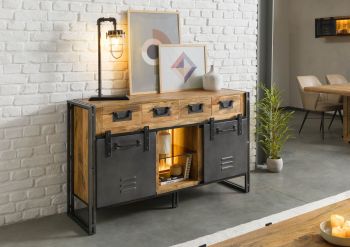 Sideboard Mango / Altholz 150x45x90 natur / grau lackiert / Metall grau BLACKBURN LUX #410