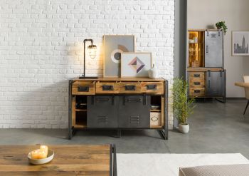 Sideboard Mango / Altholz 150x45x90 natur / grau lackiert / Metall grau BLACKBURN LUX #410