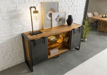 Sideboard Mango / Altholz 180x45x90 natur / grau lackiert / Metall grau BLACKBURN LUX #552