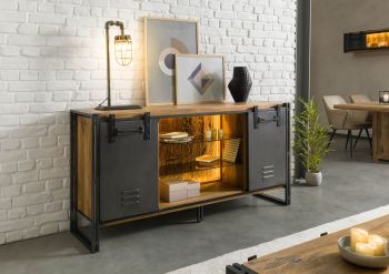Sideboard Mango / Altholz 180x45x90 natur / grau lackiert / Metall grau BLACKBURN LUX #552