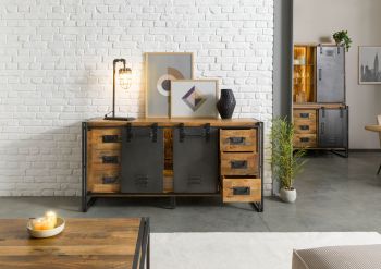 Sideboard Mango / Altholz 180x45x90 natur / grau lackiert / Metall grau BLACKBURN LUX #552
