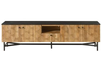 TV-Board Akazie 200x40x55 natur lackiert / Marmor schwarz LONDON #106