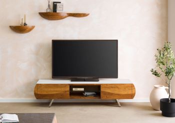 TV-Board Akazie 184x40x45 natur lackiert / Marmor weiß MONTREAL #122