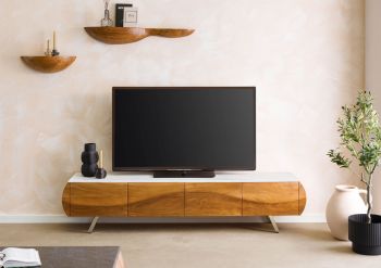 TV-Board Akazie 204x40x45 natur lackiert / Marmor weiß MONTREAL #124