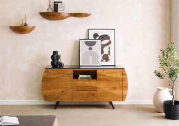 Sideboard Akazie 154x40x75 natur lackiert / Marmor schwarz MONTREAL #125