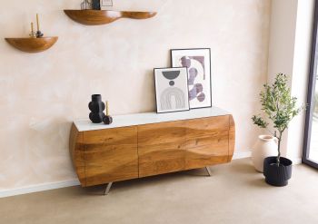 Sideboard Akazie 184x40x75 natur lackiert / Marmor weiß MONTREAL #128